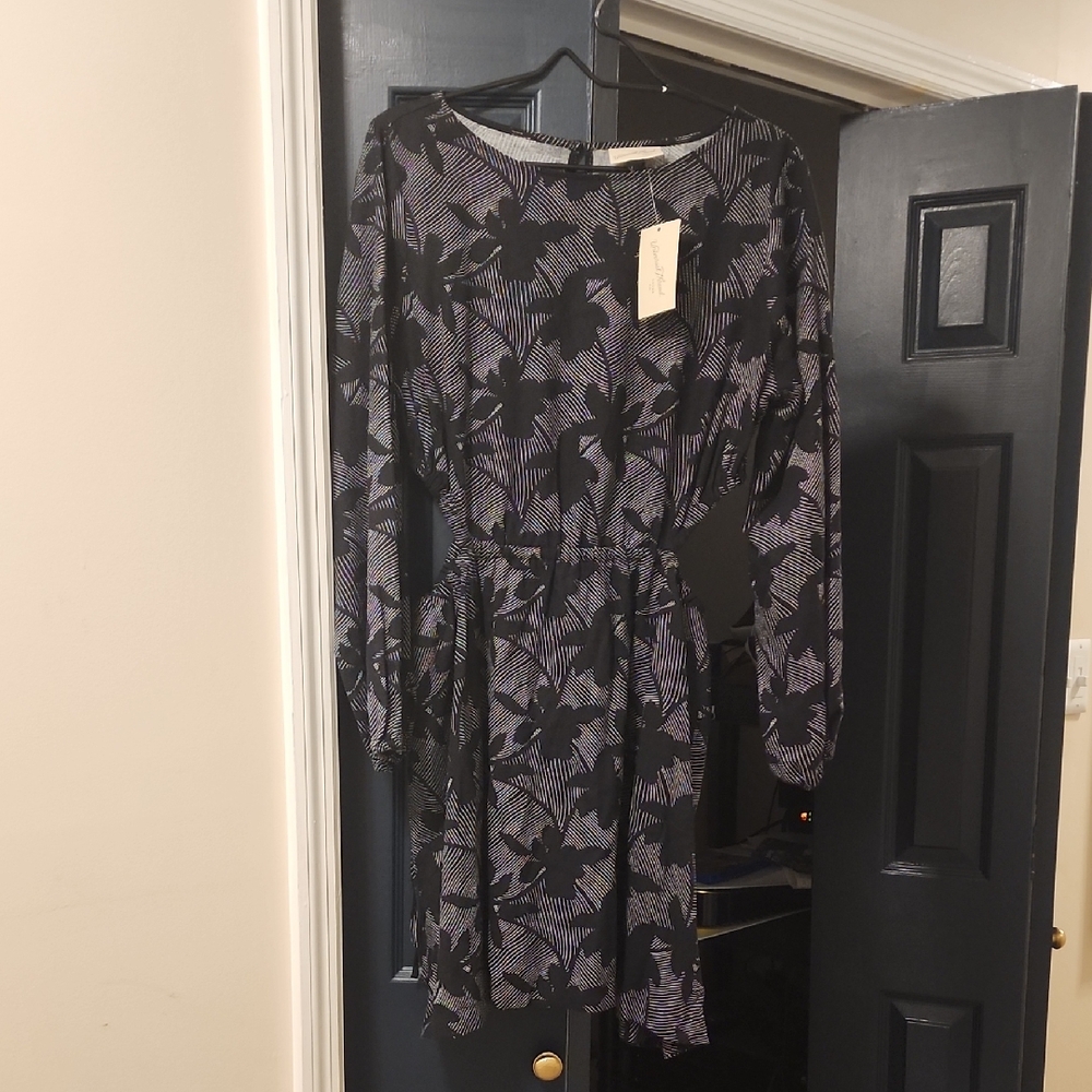 Linen Long Sleeve Dress with Black and White Floral Design